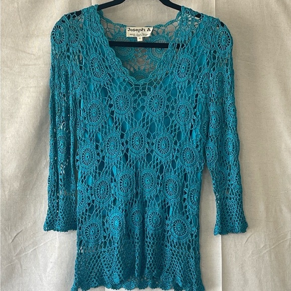 Joseph A. Blue Crochet Lace Overlay with 3/4 Sleeves - Picture 3 of 7